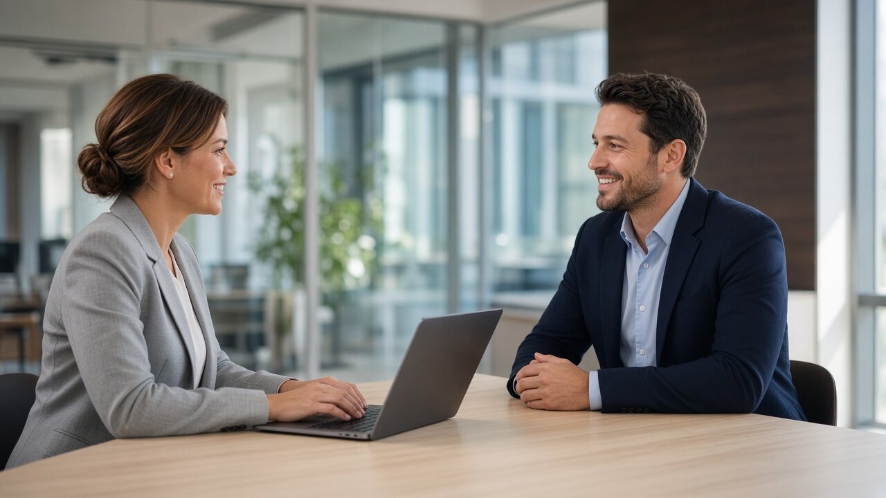 Engaged professionals in a polished interview with laptop notes