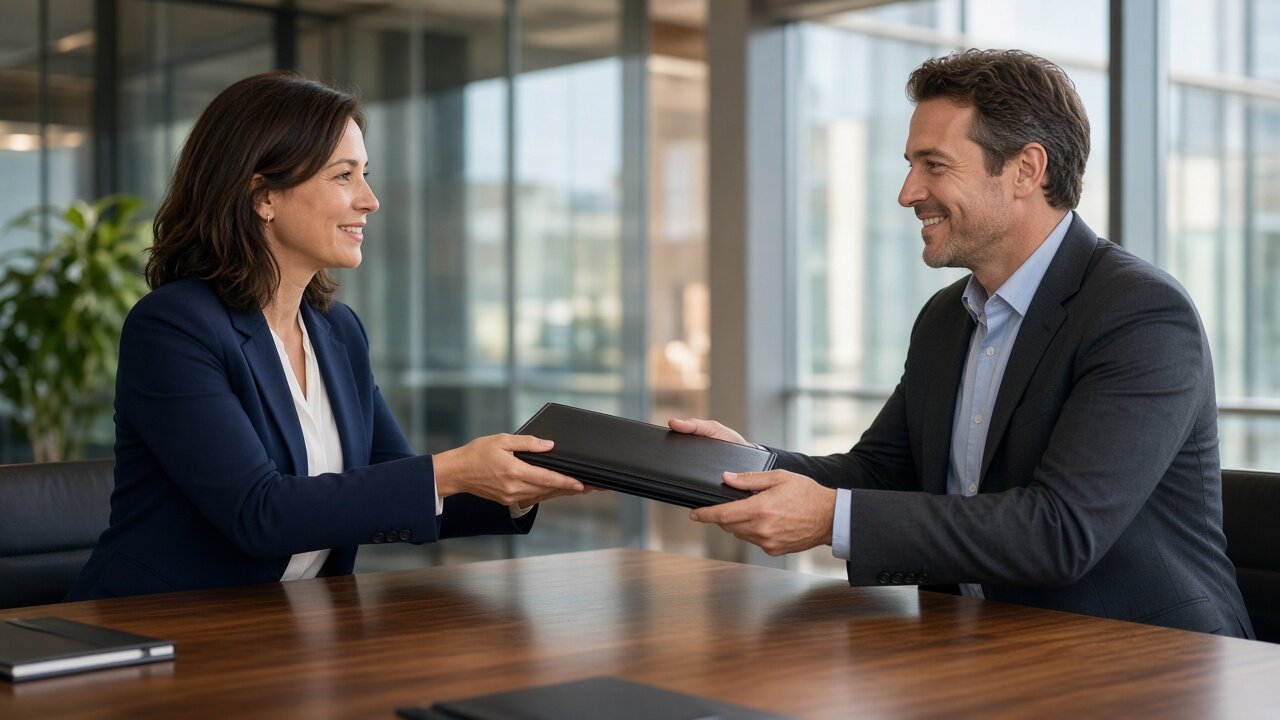 Polished business folder handoff across a conference table