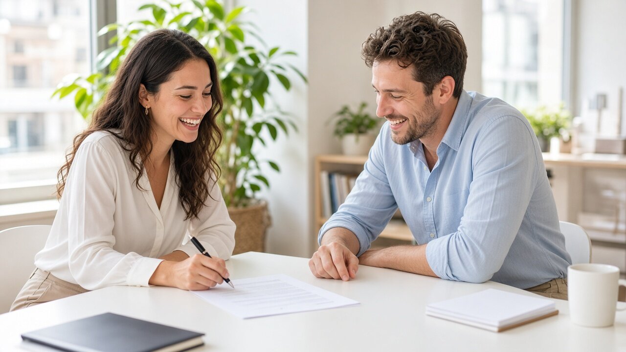 Smiling colleagues signing an agreement in a bright office