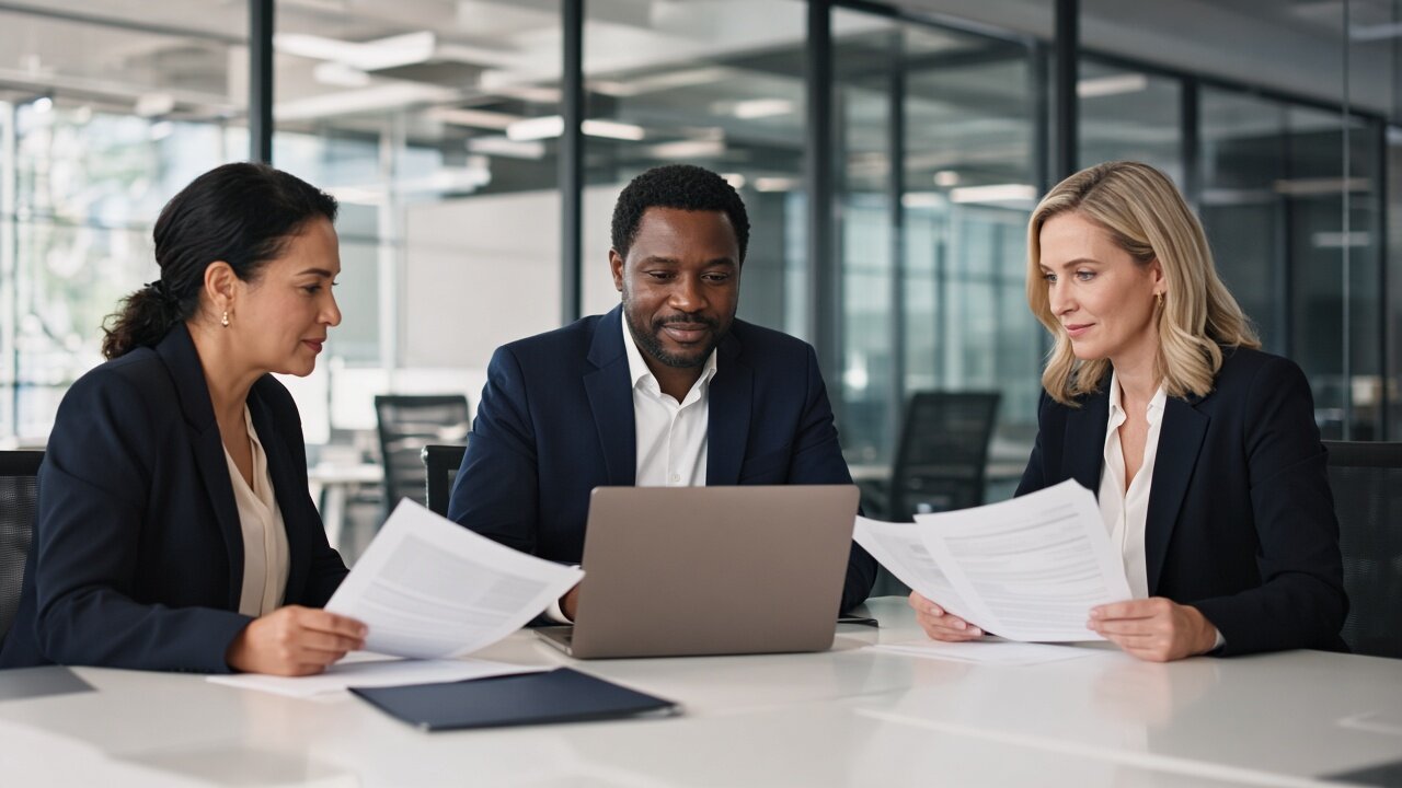 Professionals reviewing open roles in a conference room