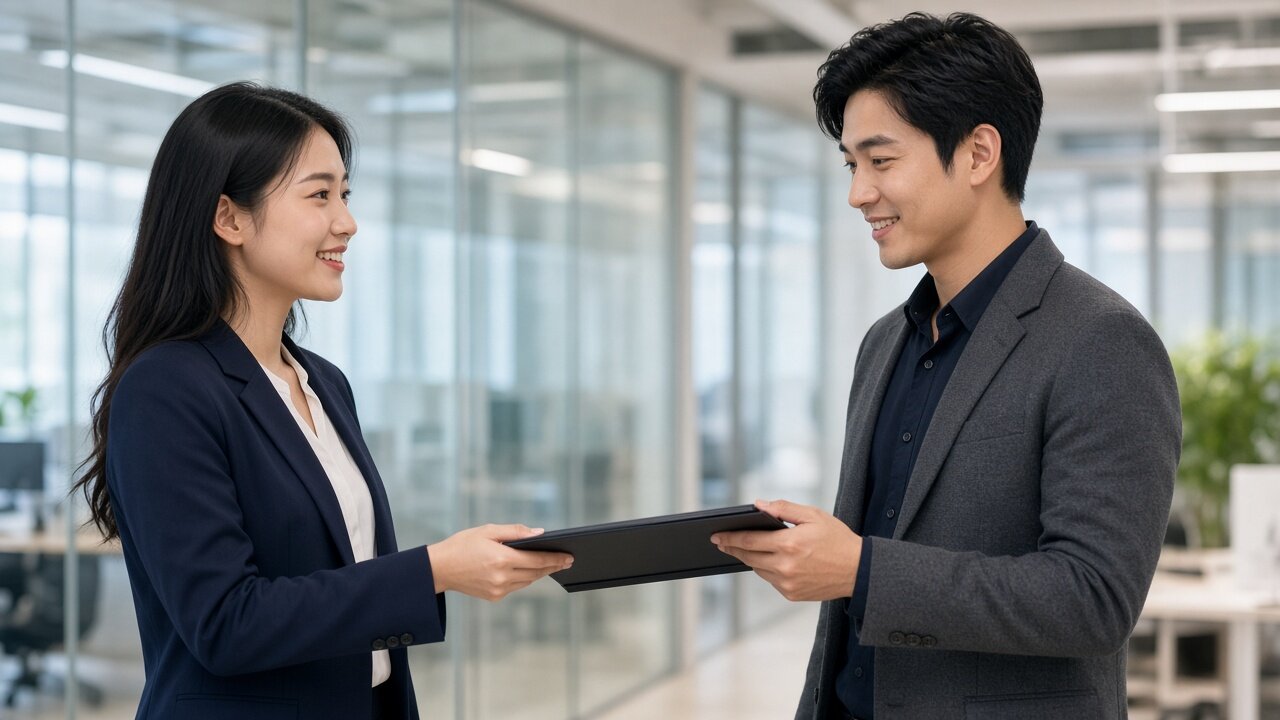 East Asian professionals handing over a candidate folder